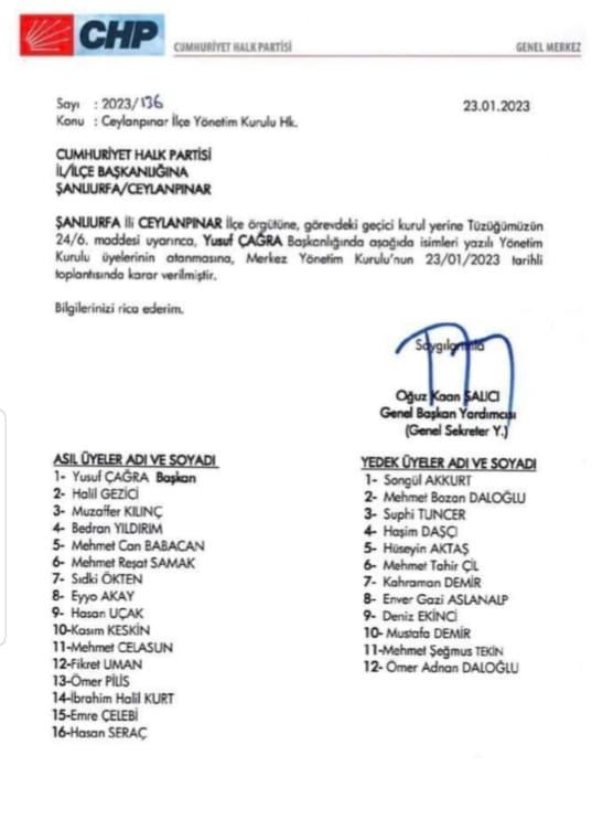 CHP Genel Merkezi Duyurdu Ceylanpınar İlçe Yönetim Kurulu Başkanı Yusuf Çağra Oldu.