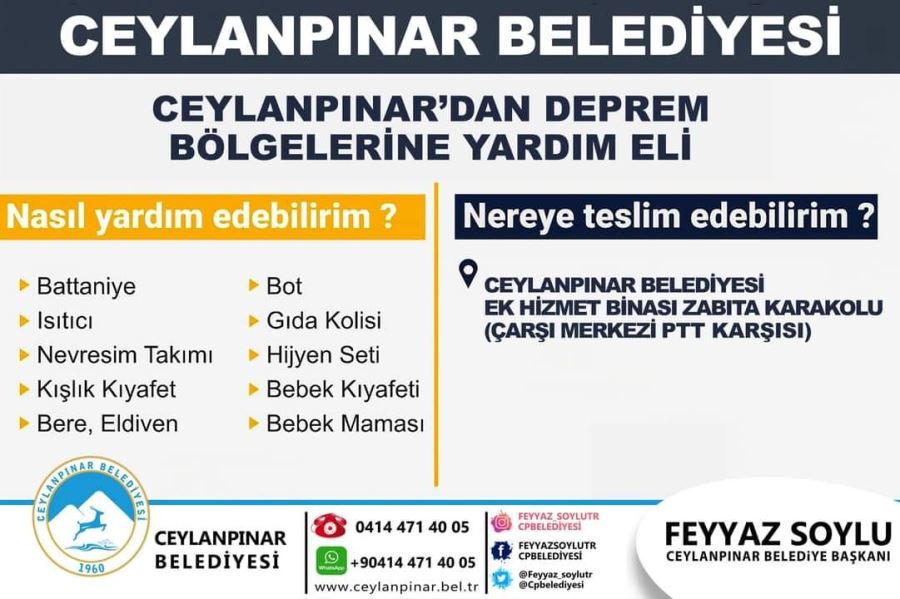 Ceylanpınar belediyesinden deprem bölgelerine yardım eli.